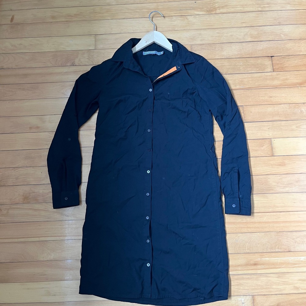 Icebreaker Merino Wool Button Down Shirt Dress Womens Small Black Long Sleeve